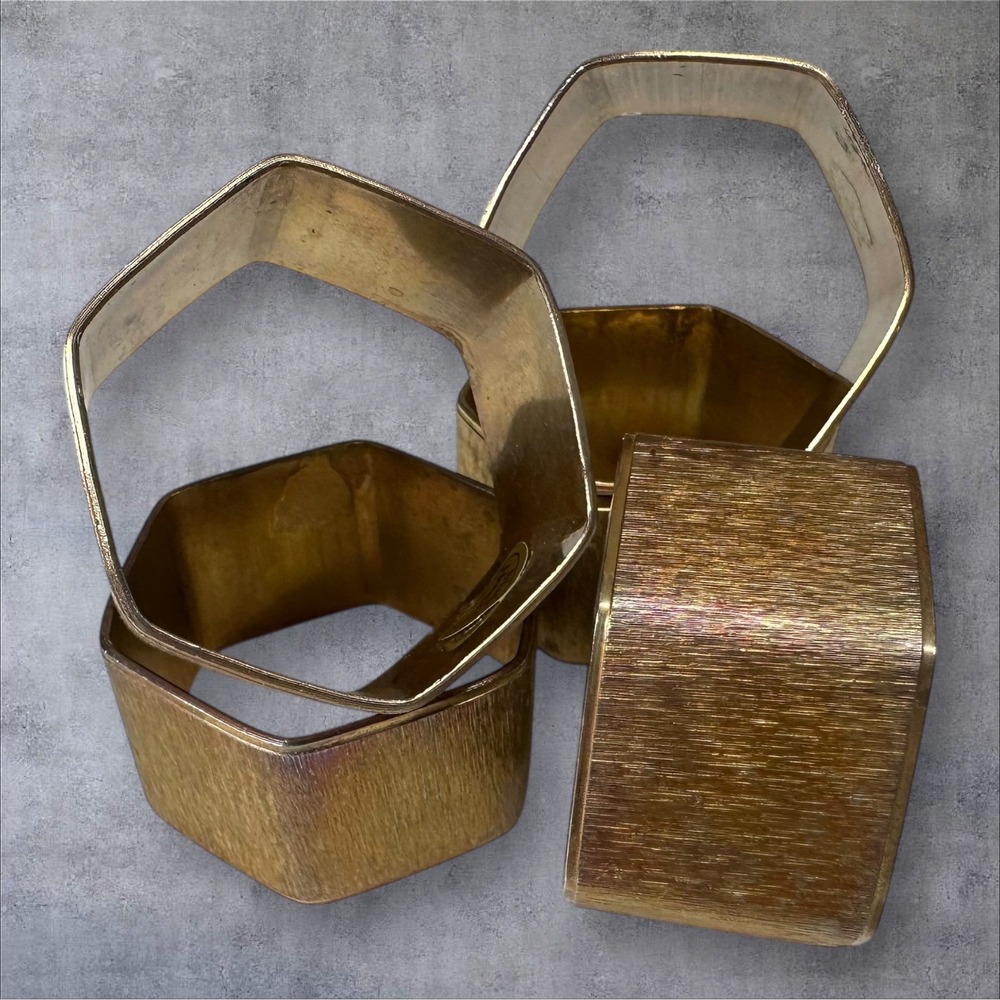 Vintage Brass Hexagon Napkin Rings Set of 5 Made in Hong Kong Mid-Century